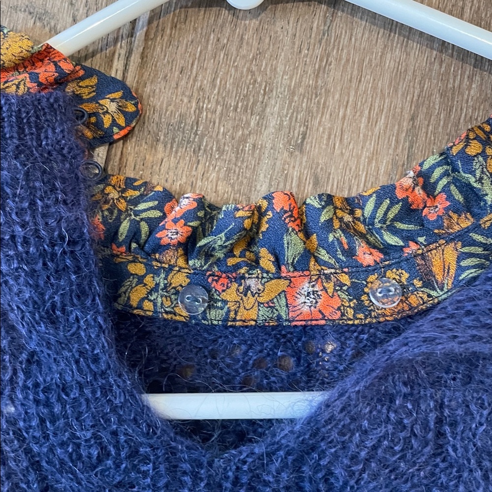 Sezane Navy Ruffled Women's Sweater - Picture 3 of 4